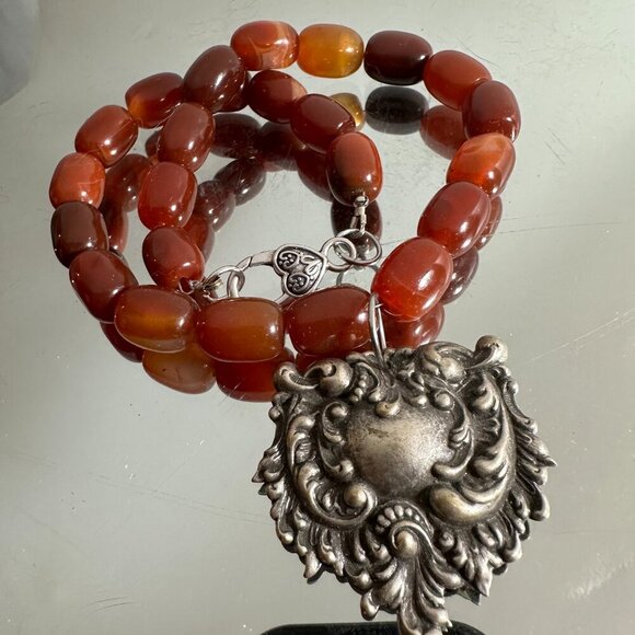 Genuine Carnelian Victorian Silver Pendant Gemstone Choker Goth Necklace Gift - Picture 4 of 7